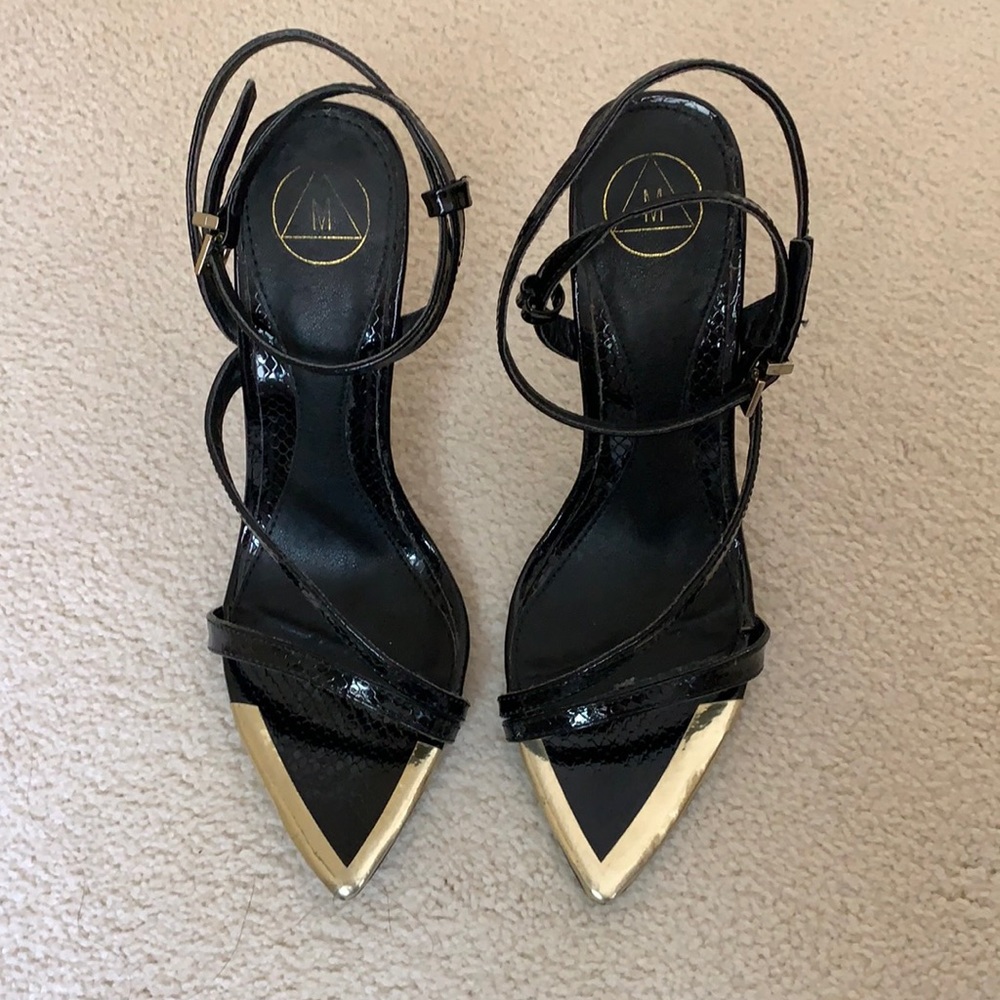 Missguided black textured heels with gold toe cap